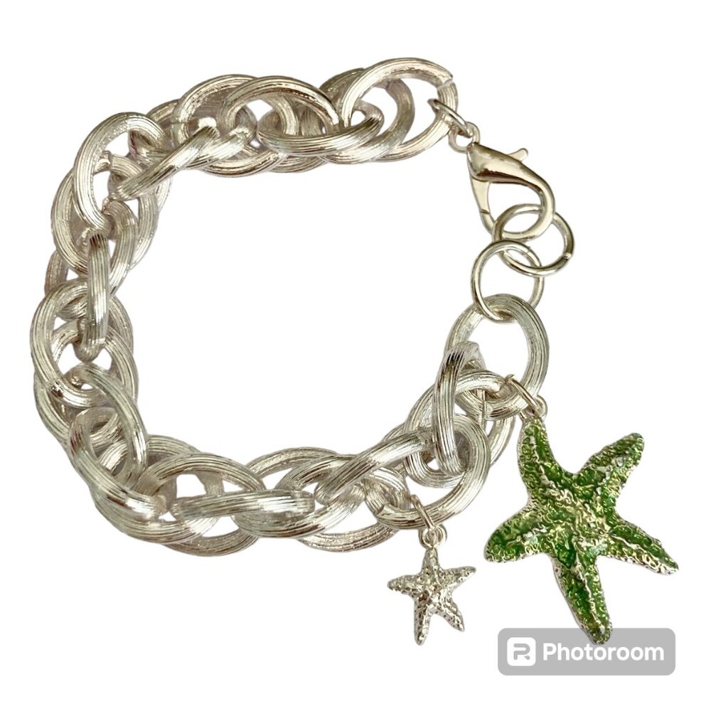 Silver Sea Life Starfish Charm Bracelet 8-8.5" Chain Beach Plus Size Plated